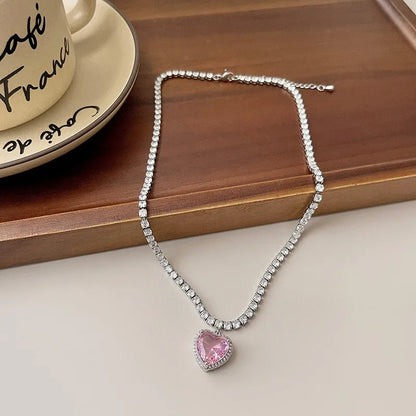 Pink Heart Crystal Pendant Necklace