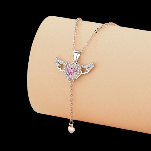 Cupid Heart Tassel Necklace with Crystal Angel Wings