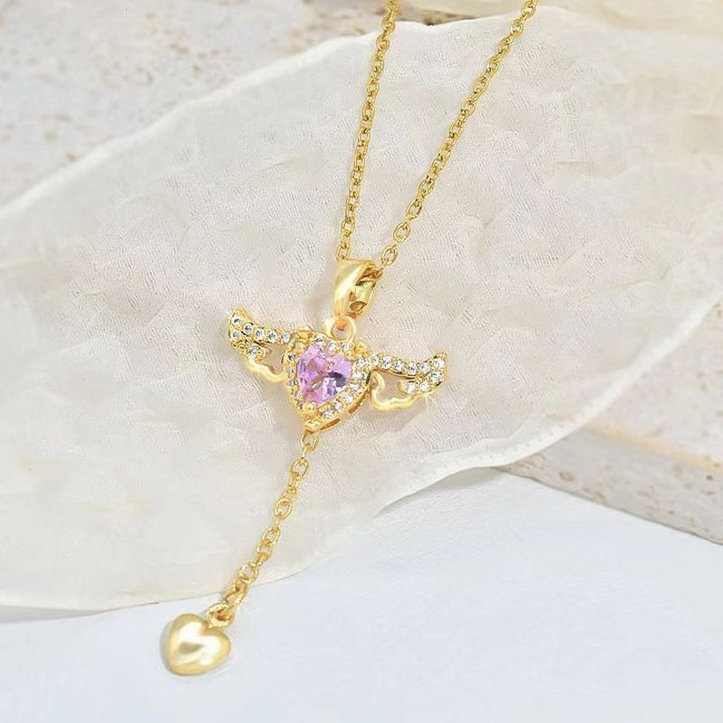 Cupid Heart Tassel Necklace with Crystal Angel Wings