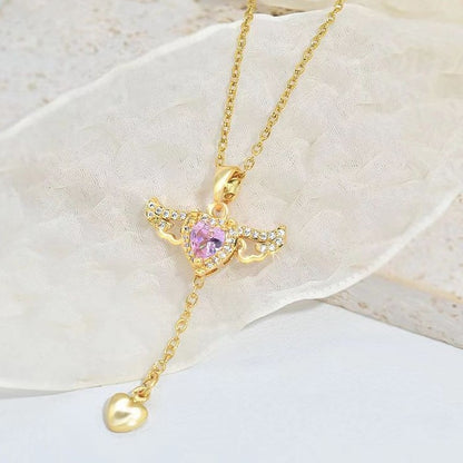 Cupid Heart Tassel Necklace with Crystal Angel Wings