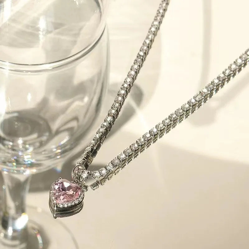 Pink Heart Crystal Pendant Necklace