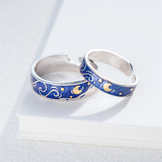 Sea Blue Starry Sky Couple Ring