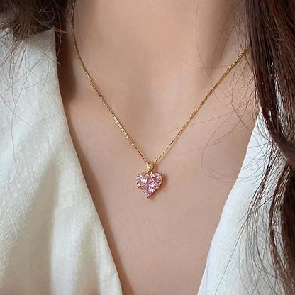 Pink Heart Crystal Pendant Necklace