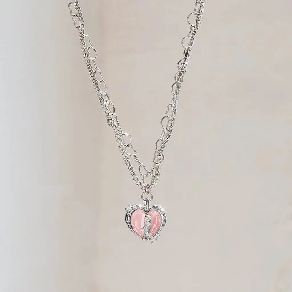 Pink Heart Crystal Pendant Necklace