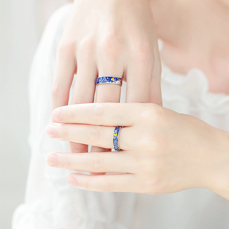 Sea Blue Starry Sky Couple Ring